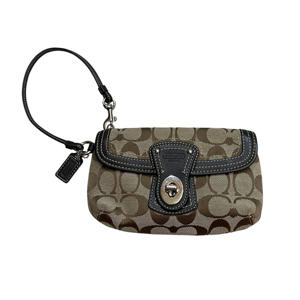 Coach Legacy Turnlock Flap Y2K Tan Signature Canvas Brown Leather Trim Wristlet - Picture 1 of 13